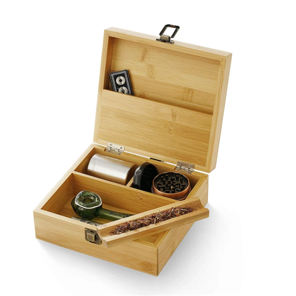 Large Bamboo Wooden Stash Box with Rolling Tray Weed Tray Kit with