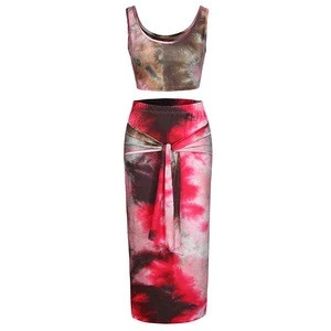 Summer New Listing Midi Skirt Split Two Piece Set Women Sleeveless Bodycon Casual Dress