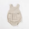Summer Organic Cotton Muslin Baby Clothes Sleeveless Romper Strap Pants With Pocket Solid Baby Bodysuit