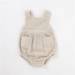 Summer Organic Cotton Muslin Baby Clothes Sleeveless Romper Strap Pants With Pocket Solid Baby Bodysuit