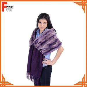 Top quality dyed Rex rabbit fur shawl with cashmere