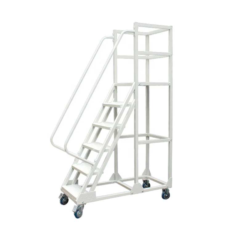 Warehouse Steel Safety Mobile Rolling Platform Ladder with Handrails