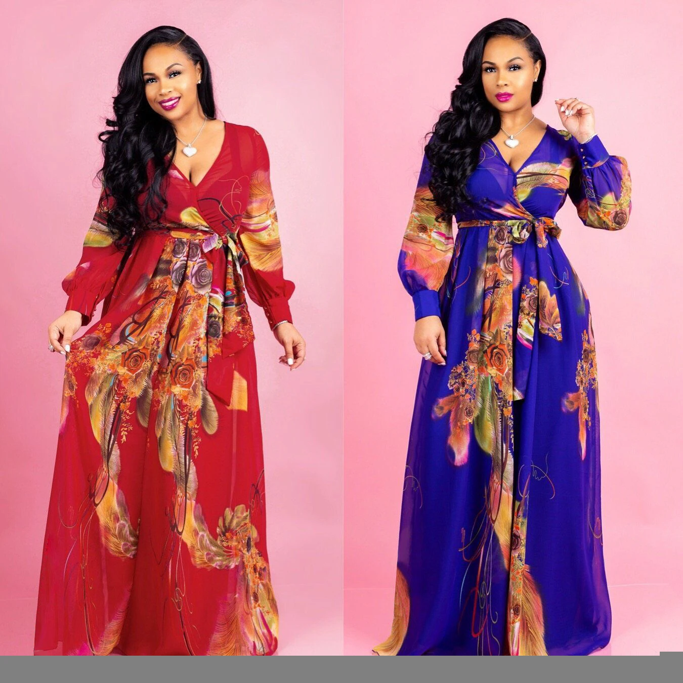 Wholesale Bohemia Woman Casual Dress Plus Size African Style V Neck Floral Print Chiffon Maxi Dresses Clothing Women Summer 2020