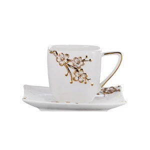 Wholesale Ceramic Flower Cup and Saucer Porcelain Coffee Cups Set White and Gold