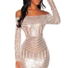 Wholesale Cheap Silver Sequins Nude Mesh Off Shoulder Sexy Club Dress Club Wear Dress Patterns