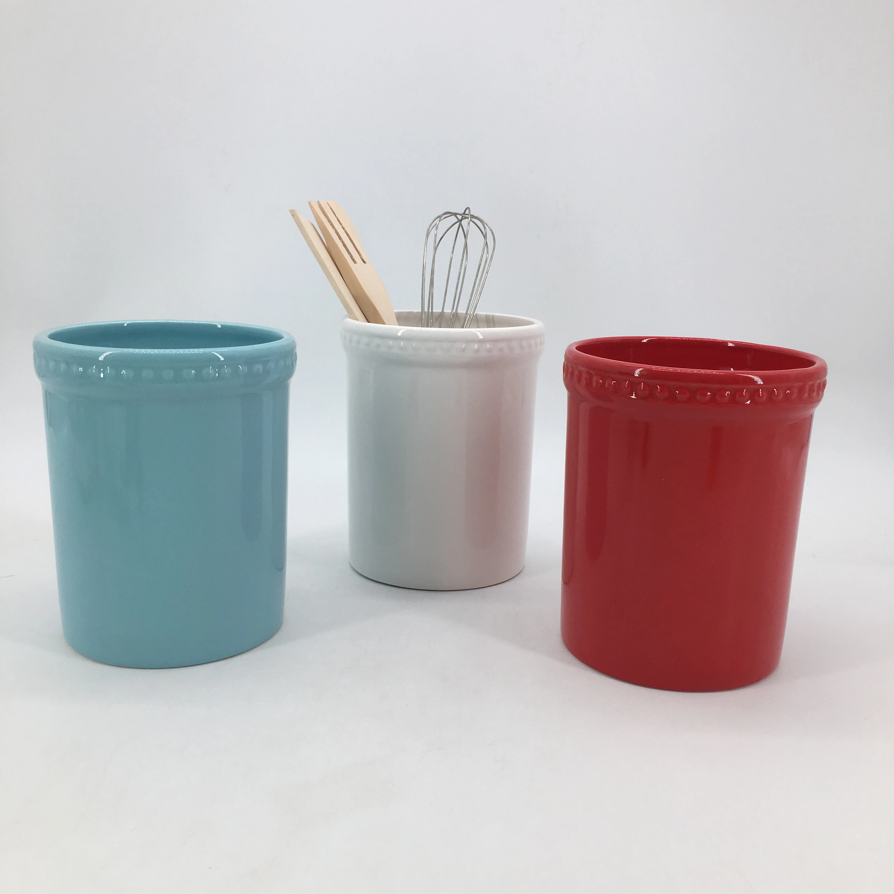 Wholesale colorful tableware round kitchen utensils organizer ceramic utensil holder for cooking tools