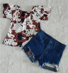 wholesale cow print fashionable jeans baby girls clothing children boutique kids outfits sets cute summer denim shorts clothes