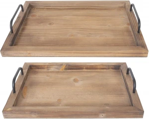 Wholesale Custom Breakfast Wood Tray Tea Food Serving Wooden Tray With Metal Handle