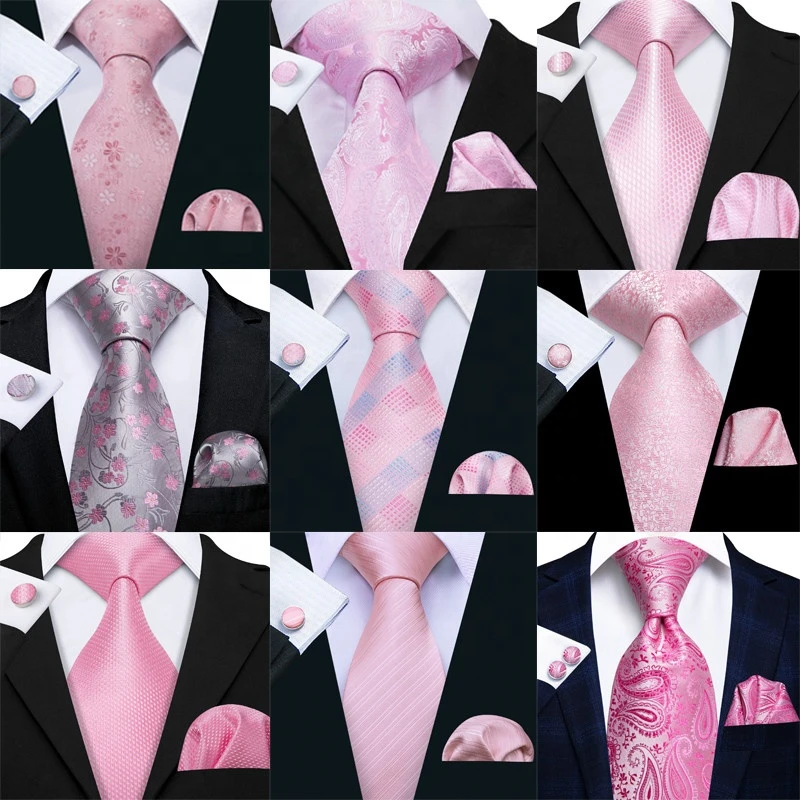 Wholesale Custom Jacquard  Pink Ties Mens 100% Silk Necktie High Quality Cheap Mens Striped Neck Tie Set