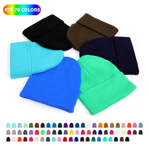 Wholesale Custom Knitted Hat RTS 70 Solid Color Beanie With Custom Logo Embroidery 100% Acrylic 85 Grams Blank Winter Hat