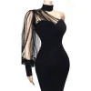 Wholesale  KEN-66761 women black dress one shoulder polka dots mesh dresses bodycon modest dress
