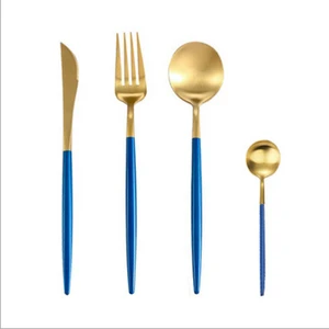 Wholesale small tea spoons, blue handle flatware, gold-plated cutlery