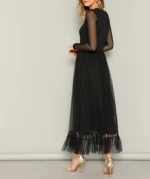 Women flare mesh overlay ruffle hem maxi career dresses for office