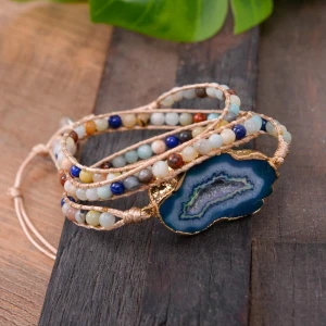 Women Natural Stone Leather Wrap Bracelet Beaded Mala Drop Shipping Gemstone Bracelet Jewelry