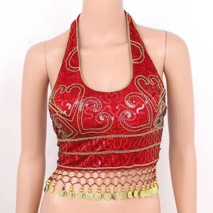 Women Padded Crop Top Glitter Sequins Beaded Tassels Halter Neck Back Tie Up Rave Clothes Club Wear Belly Dance Costume